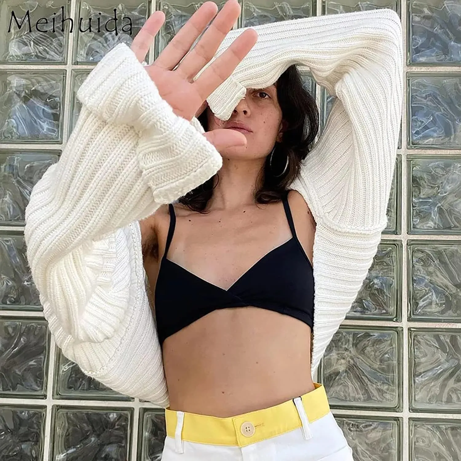 LOFAAC Women Y2K Open Front Rib Knit Shrug Crop Cardigan Solid Drop Shoulder Puff Long Sleeve Crop Bolero Sweater Tops
