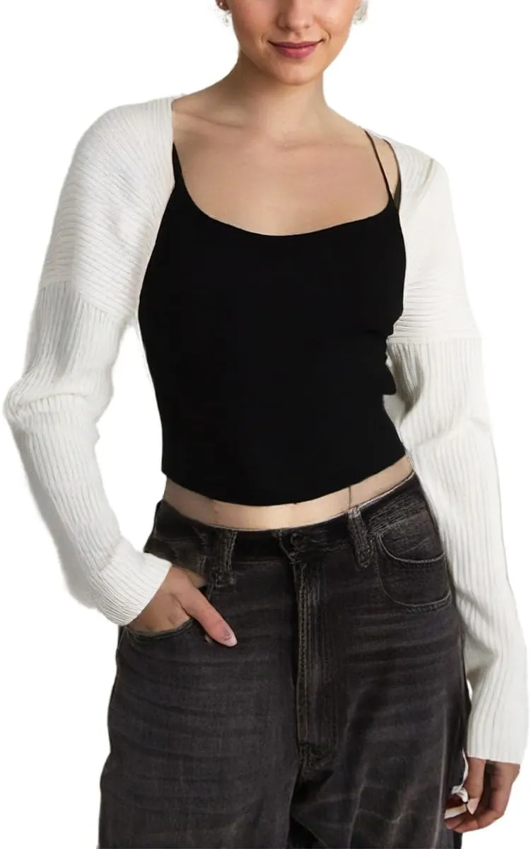 LOFAAC Women Y2K Open Front Rib Knit Shrug Crop Cardigan Solid Drop Shoulder Puff Long Sleeve Crop Bolero Sweater Tops