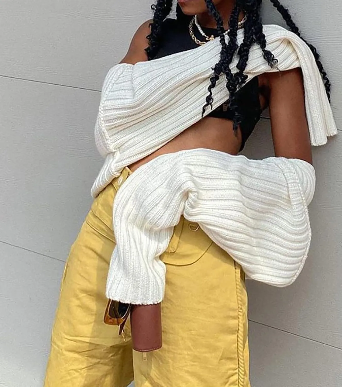 LOFAAC Women Y2K Open Front Rib Knit Shrug Crop Cardigan Solid Drop Shoulder Puff Long Sleeve Crop Bolero Sweater Tops