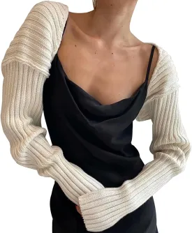 LOFAAC Women Y2K Open Front Rib Knit Shrug Crop Cardigan Solid Drop Shoulder Puff Long Sleeve Crop Bolero Sweater Tops