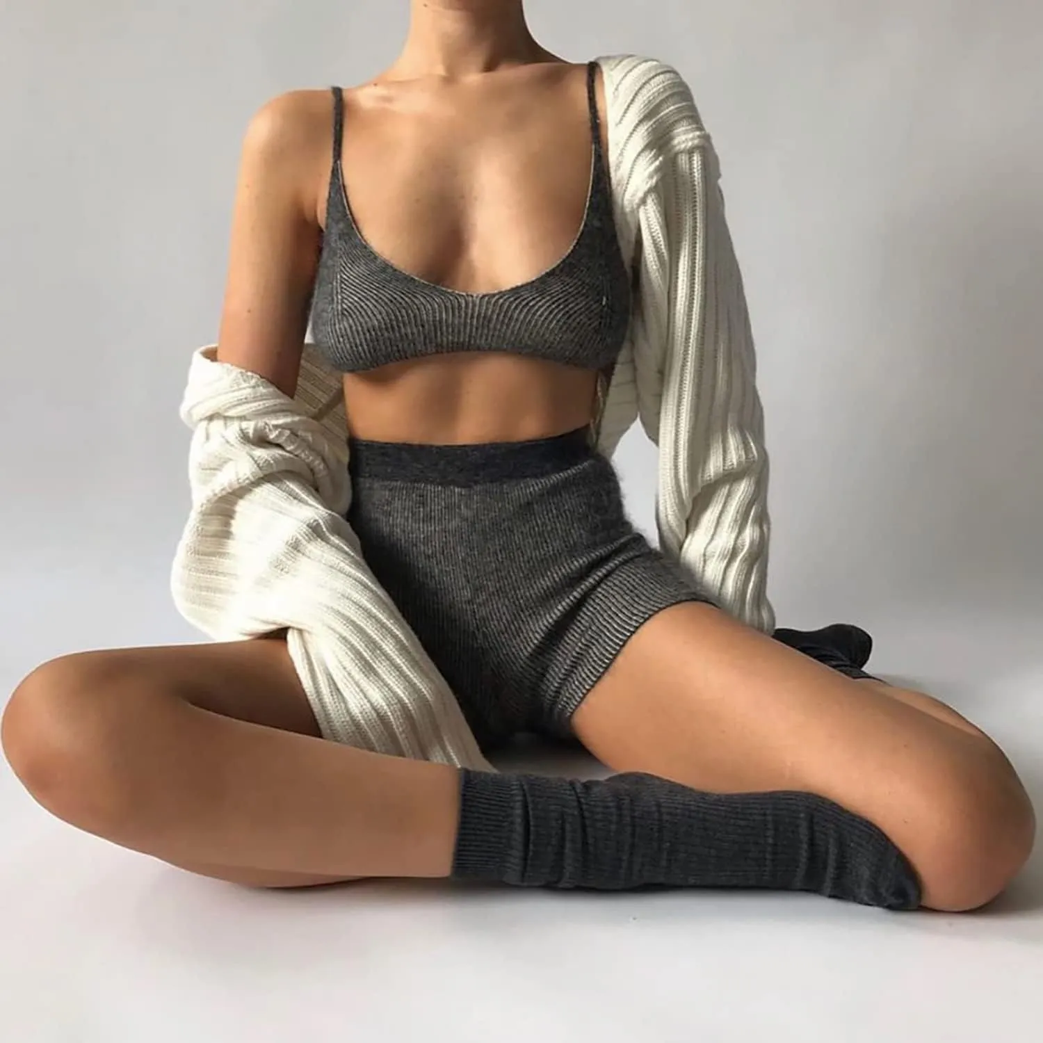 LOFAAC Women Y2K Open Front Rib Knit Shrug Crop Cardigan Solid Drop Shoulder Puff Long Sleeve Crop Bolero Sweater Tops