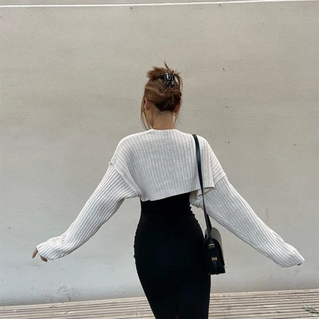 LOFAAC Women Y2K Open Front Rib Knit Shrug Crop Cardigan Solid Drop Shoulder Puff Long Sleeve Crop Bolero Sweater Tops