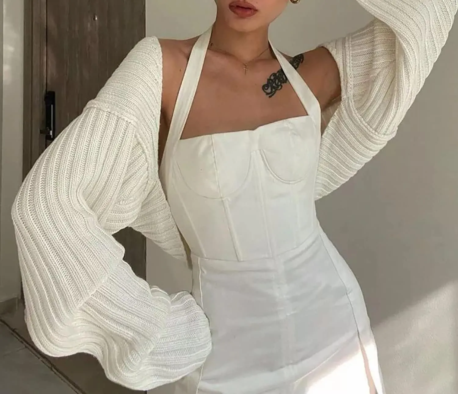 LOFAAC Women Y2K Open Front Rib Knit Shrug Crop Cardigan Solid Drop Shoulder Puff Long Sleeve Crop Bolero Sweater Tops
