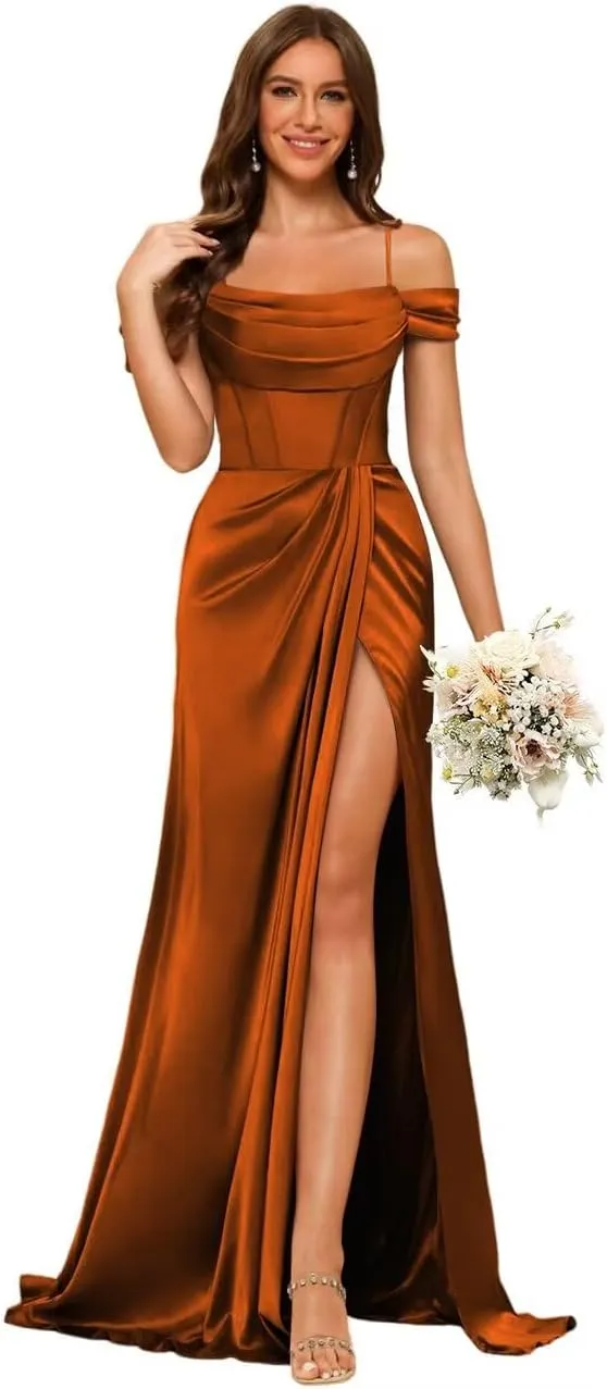 Long Bridesmaid Dresses with Silt for Wedding Spaghetti Strap Mermaid Prom Dress PU195