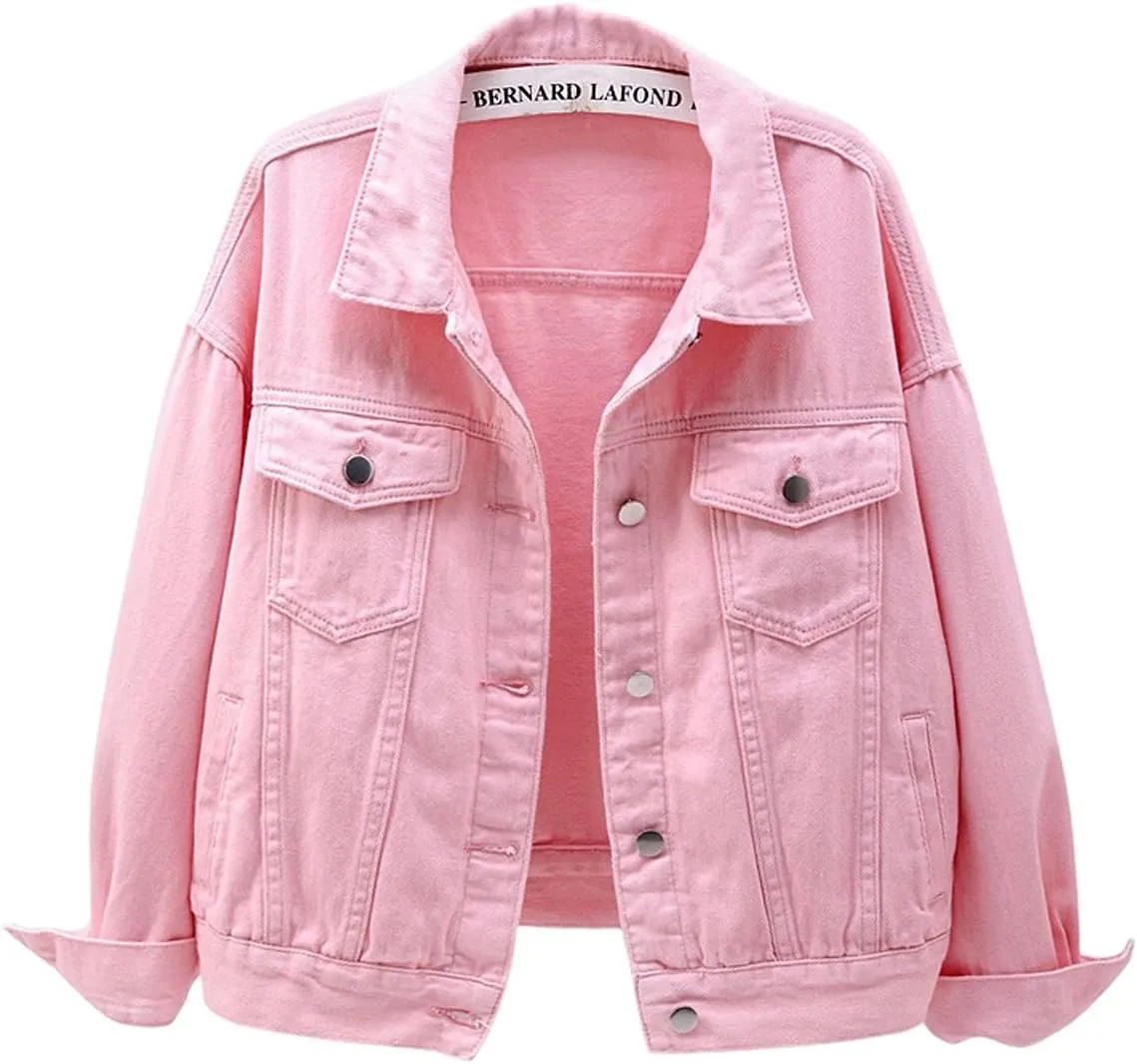 loveimgs Women's Casual Drop the Shoulder Candy Color Single Breasted Boyfriend Denim Short Shacket Jacket