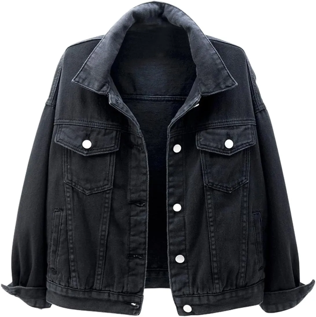 loveimgs Women's Classic Collared Button Down Distressed Oversize Boyfriend Unlined Denim Trucker Shacket Jacket