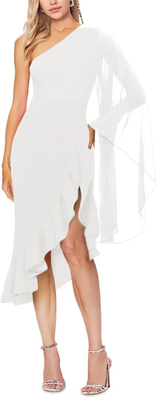 MAYFASEY Women's Sexy One Shoulder Dress Cape Sleeve Ruffle Hem High Split Bodycon Formal Cocktail Party Evening Dress