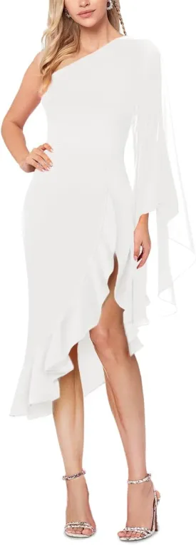 MAYFASEY Women's Sexy One Shoulder Dress Cape Sleeve Ruffle Hem High Split Bodycon Formal Cocktail Party Evening Dress