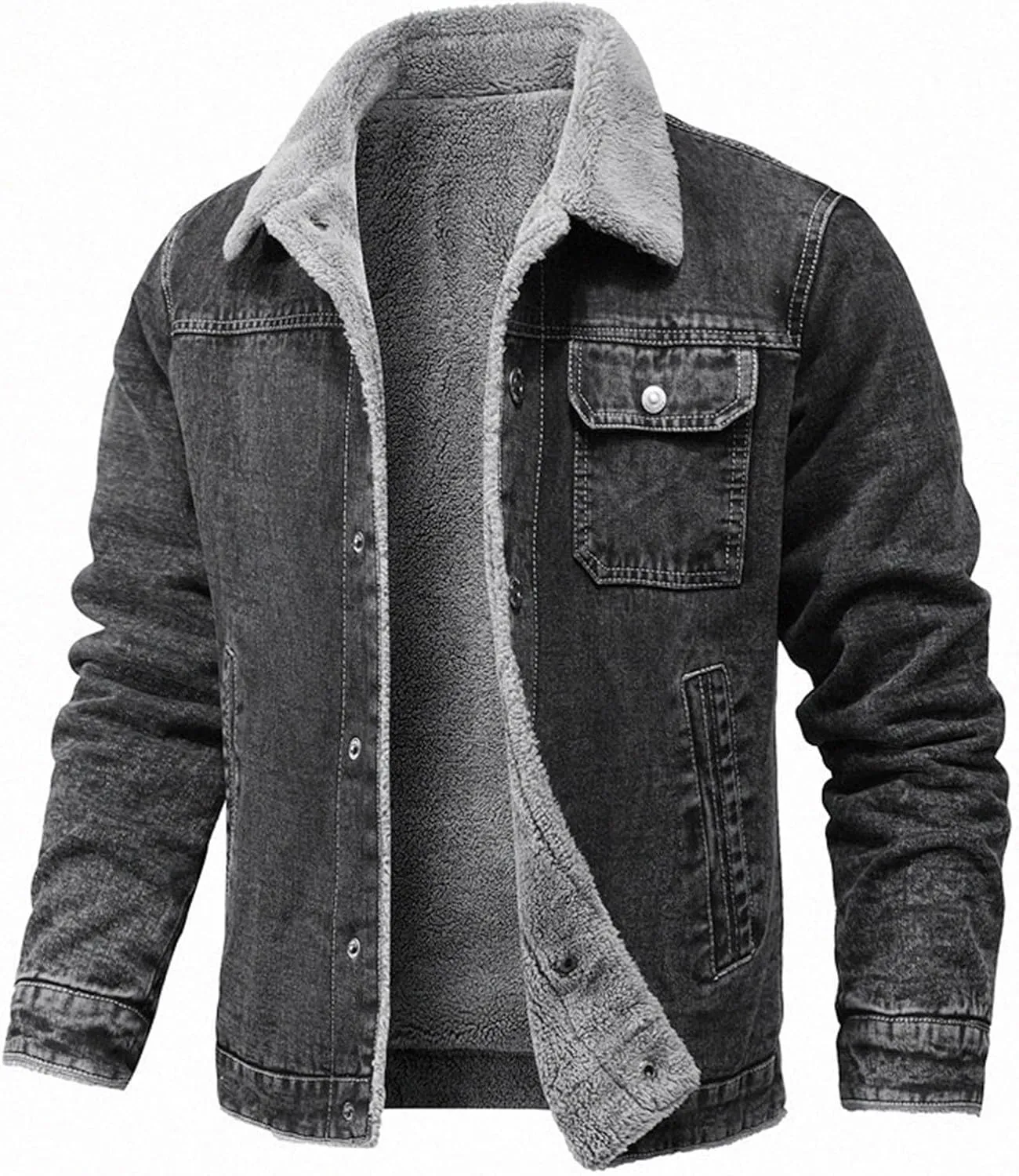 Men's Sherpa Lined Denim Jacket Warm Winter Button Down Classy Casual Trucker Denim Padded Jacket for Men
