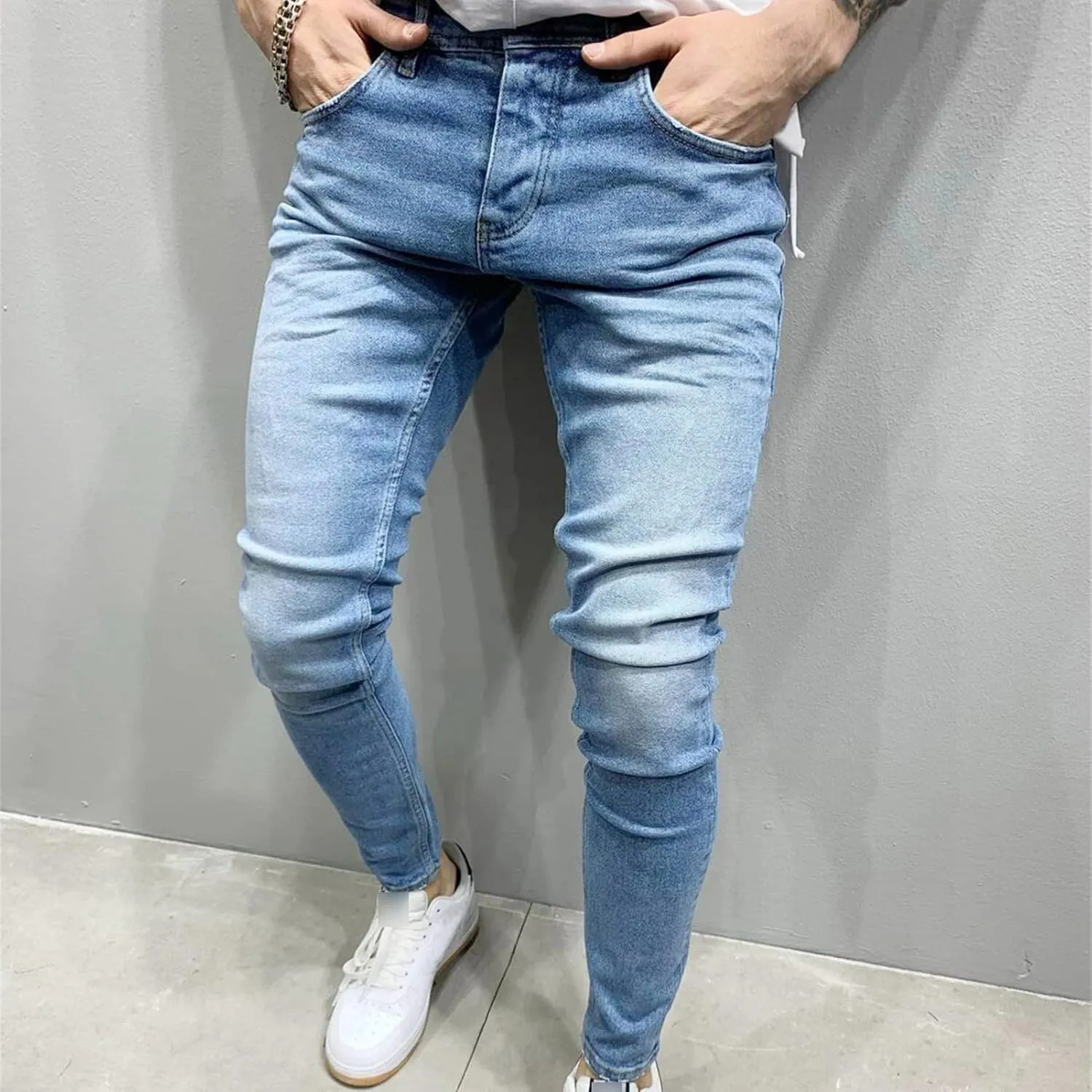 Men's Slim Fit Skinny Stretch Jeans Vintage Washed Straight Leg Denim Pants Classic Retro Pencil Jean Trousers
