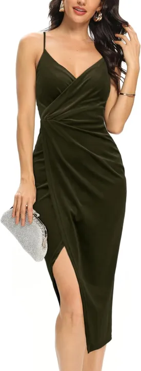Missufe Women's Sleeveless Spaghetti Strap Wrap V Neck Bodycon Ruched Slit Midi Party Cocktail Velvet Dress