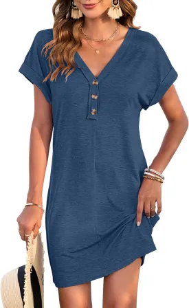 MOLERANI Women's Casual T Shirt V Neck Dress Summer Button Short Sleeve Dresses 2025 Mini Sundresses