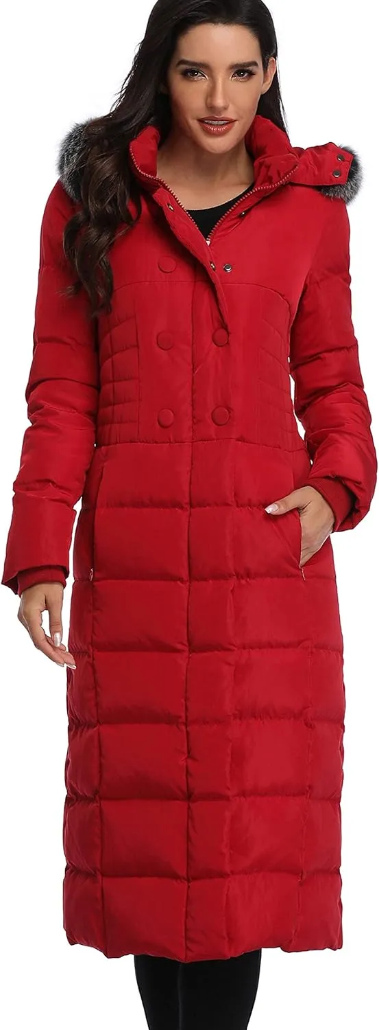 Molodo Women's Long Down Coat with Fur Hood Maxi Down Parka Puffer Jacket
