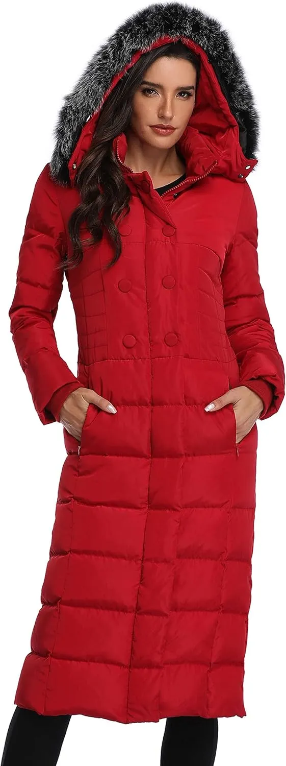 Molodo Women's Long Down Coat with Fur Hood Maxi Down Parka Puffer Jacket