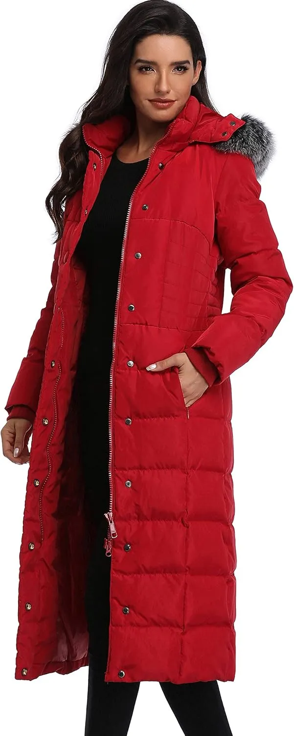 Molodo Women's Long Down Coat with Fur Hood Maxi Down Parka Puffer Jacket