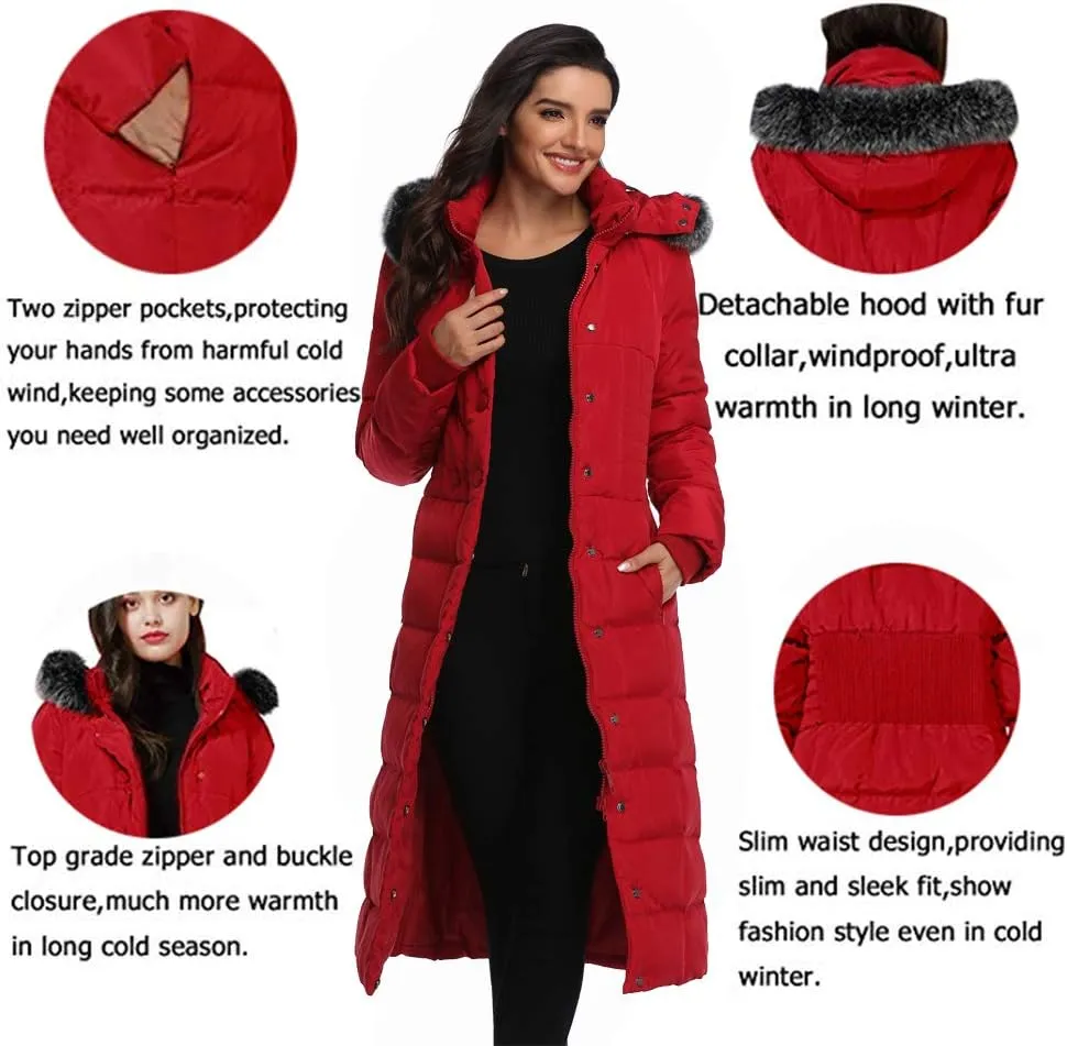 Molodo Women's Long Down Coat with Fur Hood Maxi Down Parka Puffer Jacket