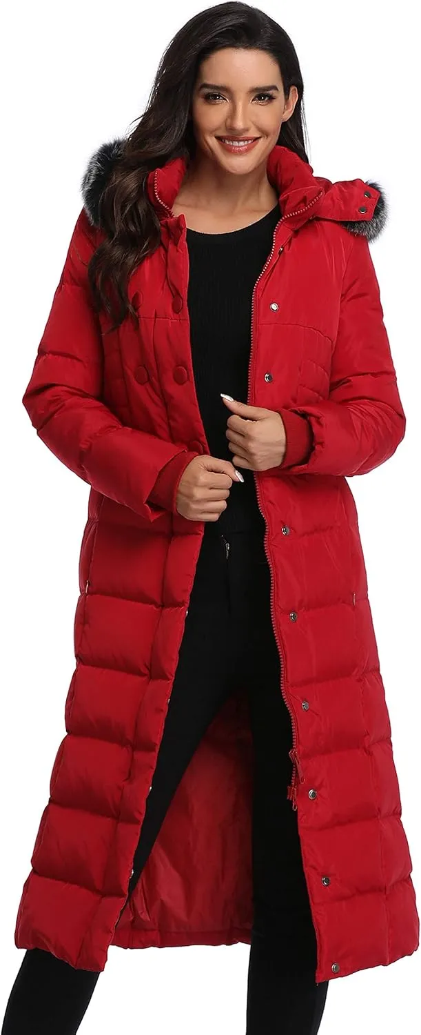 Molodo Women's Long Down Coat with Fur Hood Maxi Down Parka Puffer Jacket