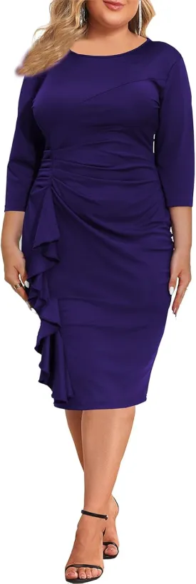 Plus Size Dresses for Women 3/4 Sleeve Bodycon Ruffle Vintage Midi Pencil Dress