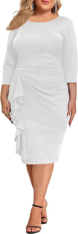 Plus Size Dresses for Women 3/4 Sleeve Bodycon Ruffle Vintage Midi Pencil Dress