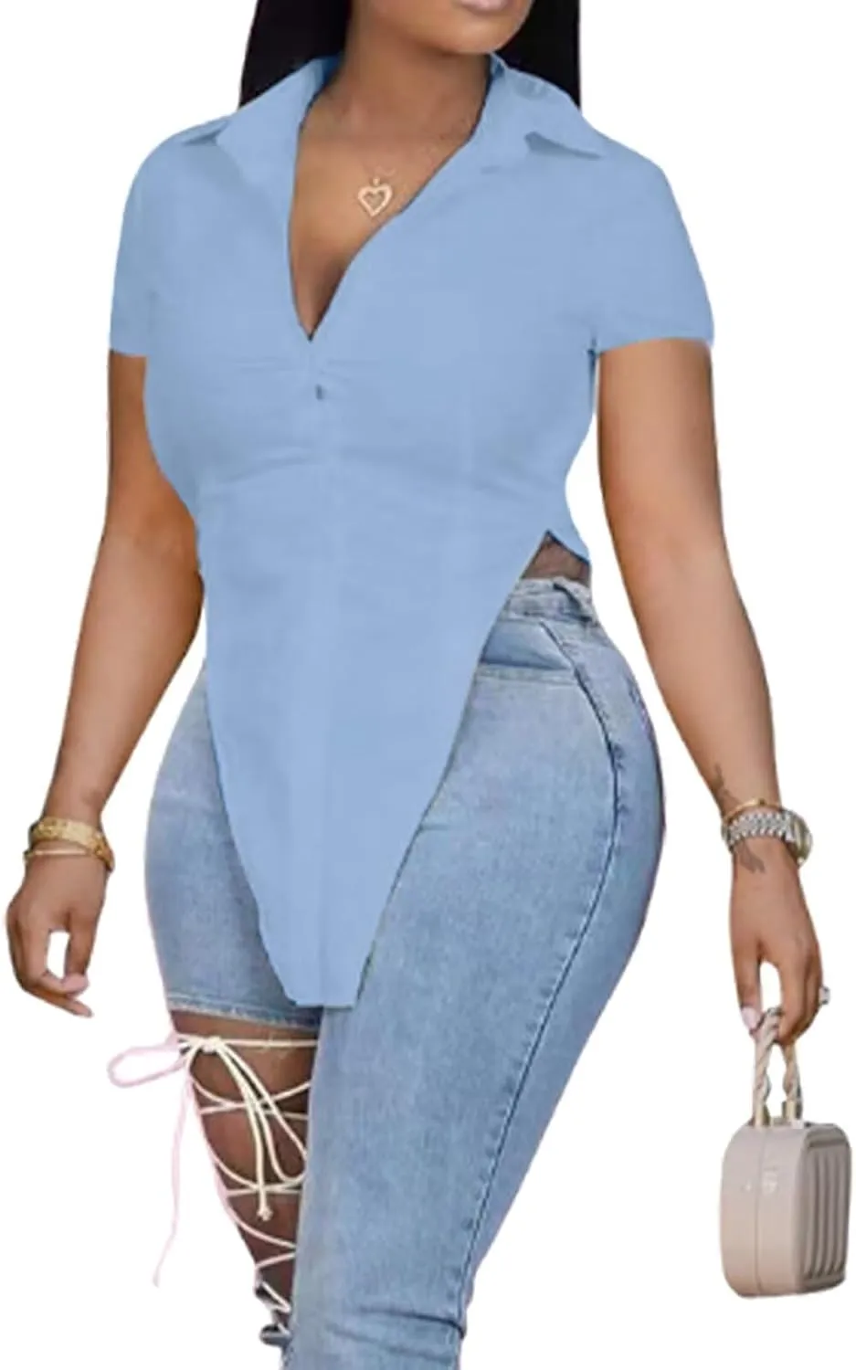 qfmqkpi Women Summer Short Sleeve Button Down Slit Side Hem Long Shirts Top