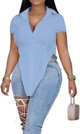 qfmqkpi Women Summer Short Sleeve Button Down Slit Side Hem Long Shirts Top
