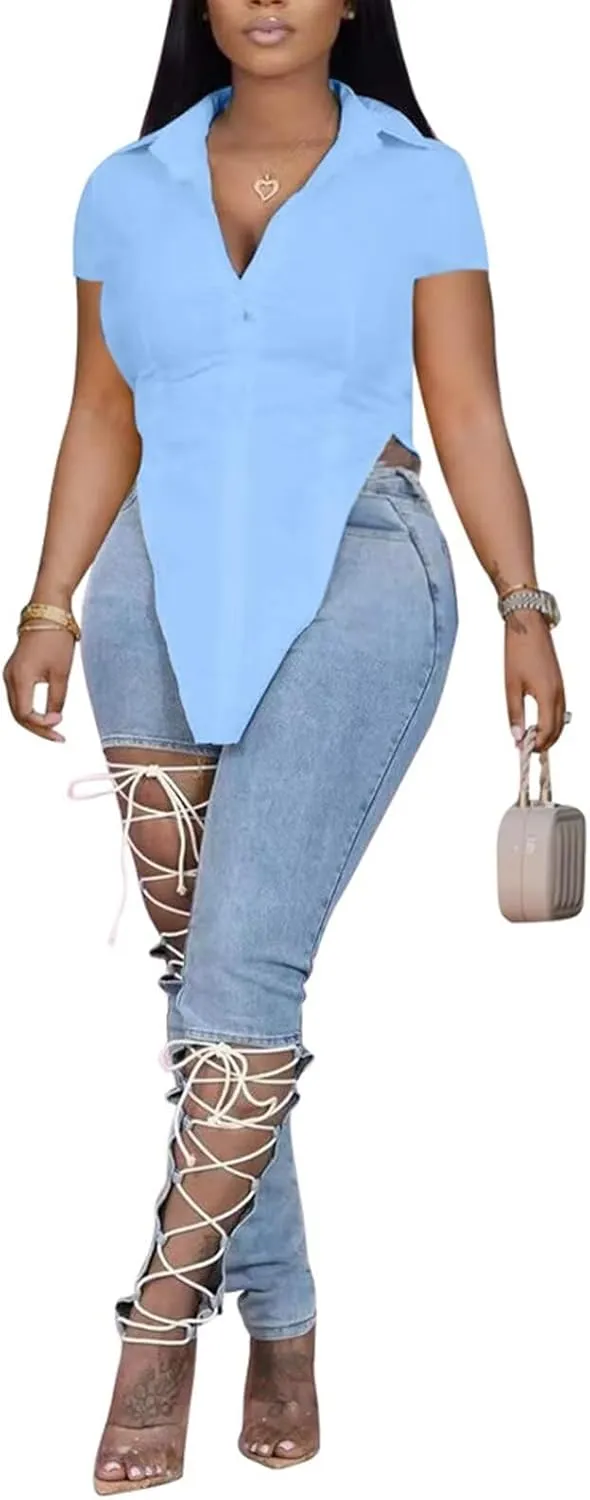 qfmqkpi Women Summer Short Sleeve Button Down Slit Side Hem Long Shirts Top