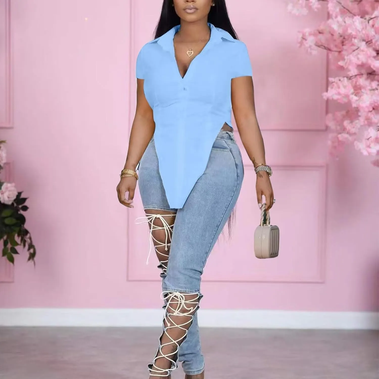 qfmqkpi Women Summer Short Sleeve Button Down Slit Side Hem Long Shirts Top