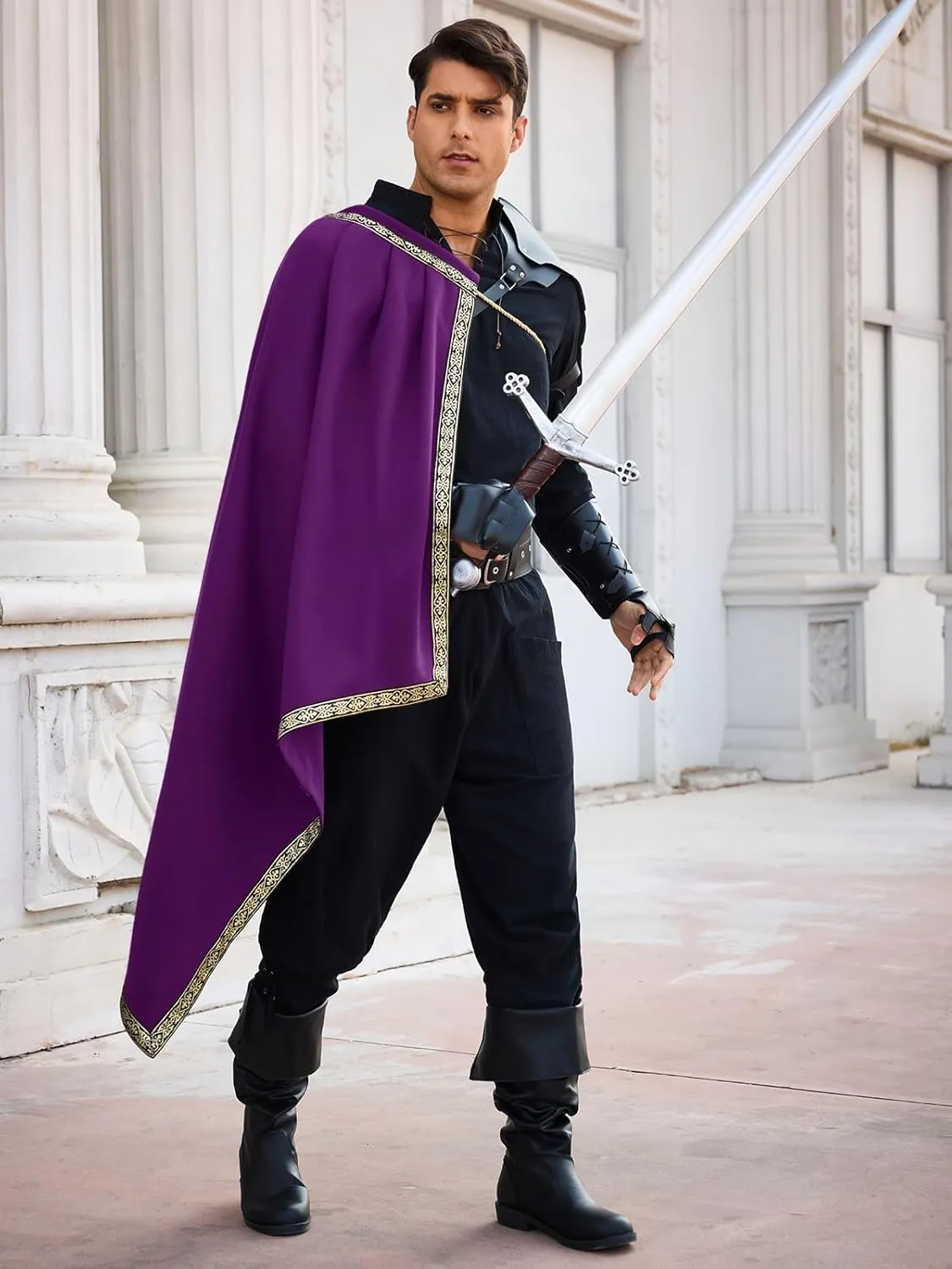Runcati Mens Renaissance Shawl Half Shoulder Cape Medieval Samurai Cloak LARP Warrior Ren Faire Halloween Costume