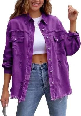 SEMATOMALA Women's Frayed Hem Ripped Denim Shirt Jacket Button Front Boyfriend Jean Coat Oversized Distressed Fall Shacket