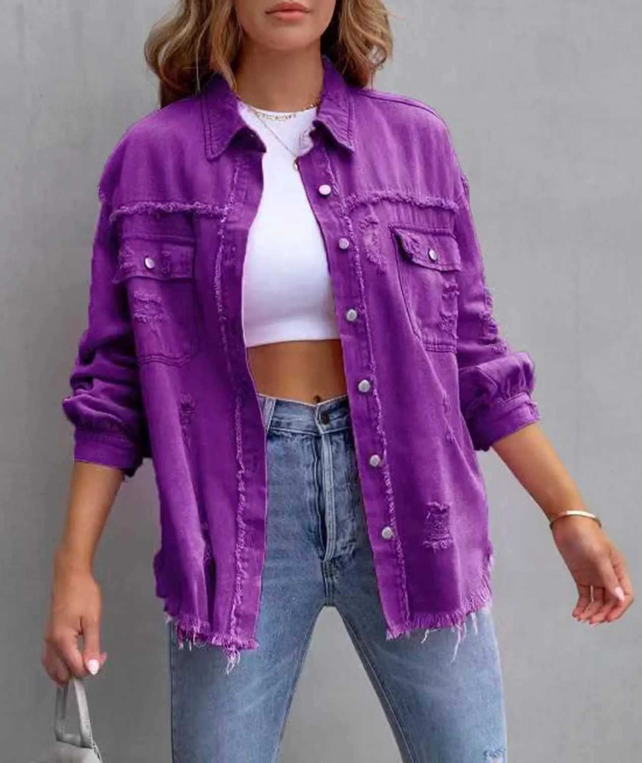 SEMATOMALA Women's Frayed Hem Ripped Denim Shirt Jacket Button Front Boyfriend Jean Coat Oversized Distressed Fall Shacket