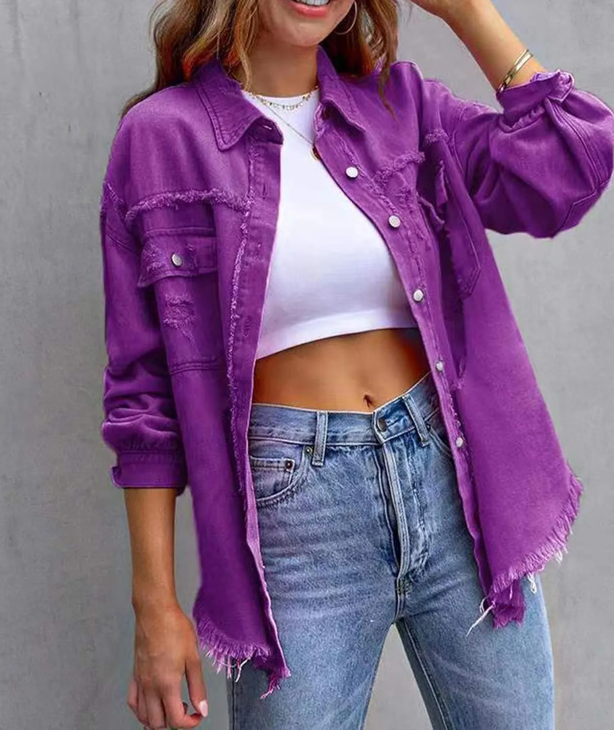 SEMATOMALA Women's Frayed Hem Ripped Denim Shirt Jacket Button Front Boyfriend Jean Coat Oversized Distressed Fall Shacket