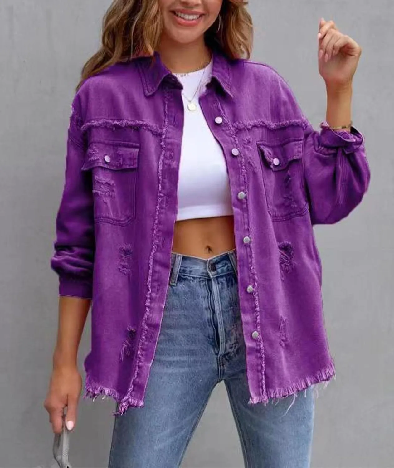 SEMATOMALA Women's Frayed Hem Ripped Denim Shirt Jacket Button Front Boyfriend Jean Coat Oversized Distressed Fall Shacket