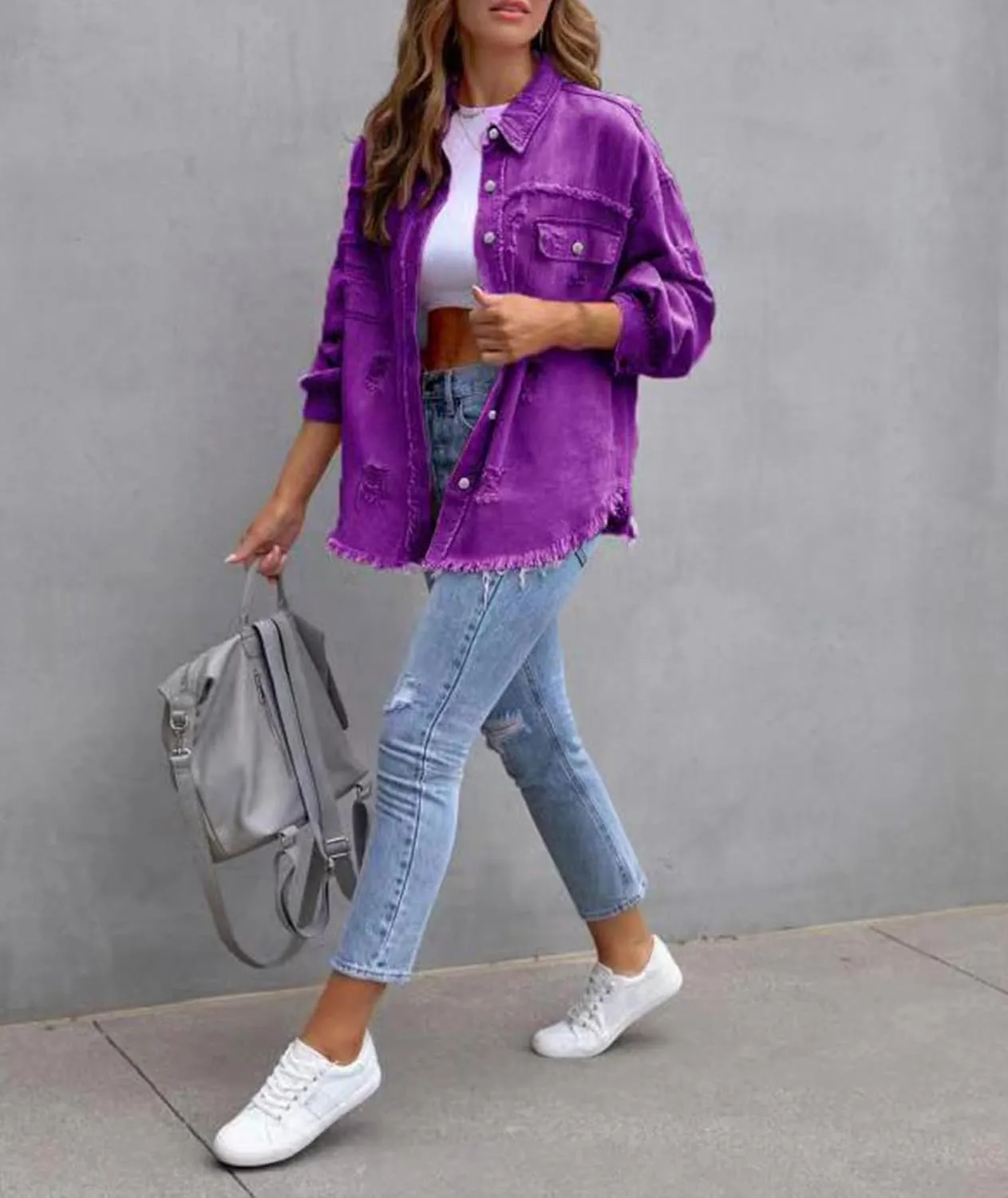 SEMATOMALA Women's Frayed Hem Ripped Denim Shirt Jacket Button Front Boyfriend Jean Coat Oversized Distressed Fall Shacket