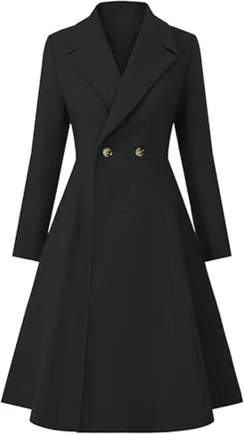 Sexyshine Women's Winter Double Breasted Trench Coat Notch Lapel Collar Wool Blend Pea Coat Swing A Line Long Overcoat