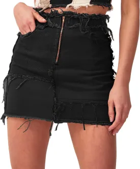Tulucky Womens Fashion Mid-Rise Color Blocking Patchwork Ripped Stretch Denim Skirts