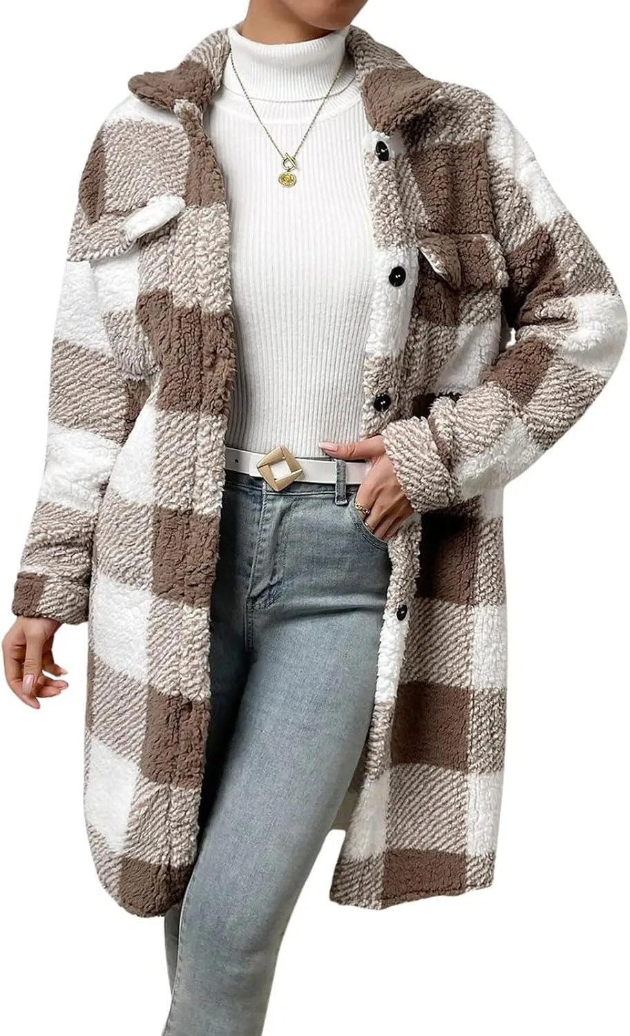 utcoco Womens Long Fleece Plaid Jacket Cozy Lapel Button Down Sherpa Shacket 2024 Fall Winter Plaid Coats