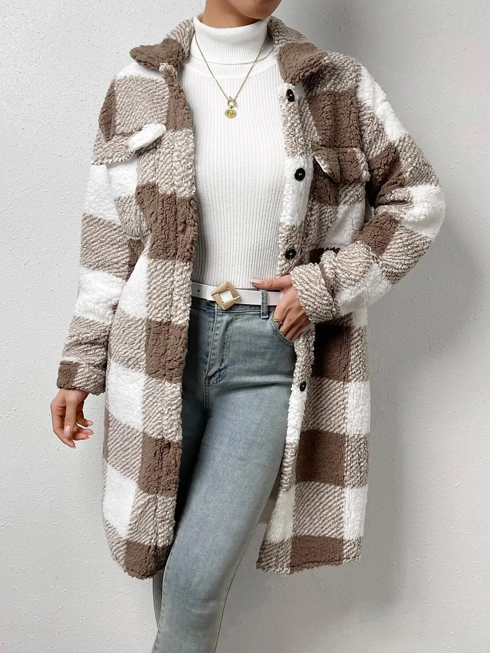 utcoco Womens Long Fleece Plaid Jacket Cozy Lapel Button Down Sherpa Shacket 2024 Fall Winter Plaid Coats