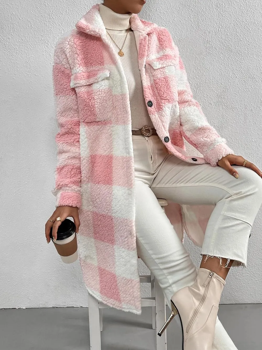 utcoco Womens Long Fleece Plaid Jacket Cozy Lapel Button Down Sherpa Shacket 2024 Fall Winter Plaid Coats