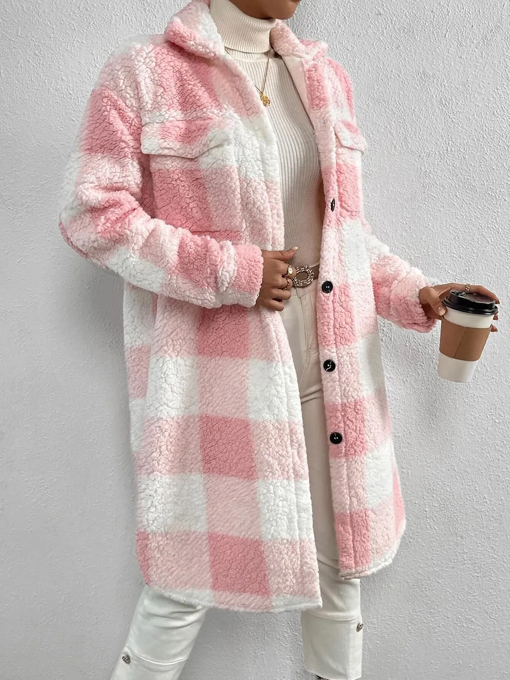 utcoco Womens Long Fleece Plaid Jacket Cozy Lapel Button Down Sherpa Shacket 2024 Fall Winter Plaid Coats