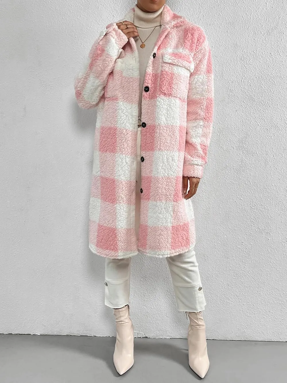utcoco Womens Long Fleece Plaid Jacket Cozy Lapel Button Down Sherpa Shacket 2024 Fall Winter Plaid Coats