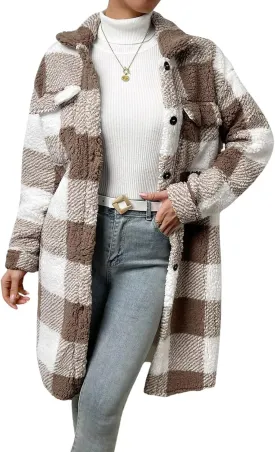 utcoco Womens Long Fleece Plaid Jacket Cozy Lapel Button Down Sherpa Shacket 2024 Fall Winter Plaid Coats