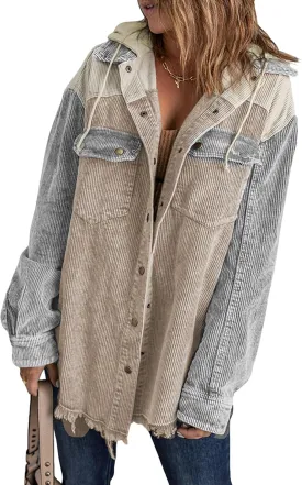 WIWIQS Women's Plus Size Corduroy Color Block Jackets Long Sleeve Lounge Boyfriend Button Down Hoodie Long Coats