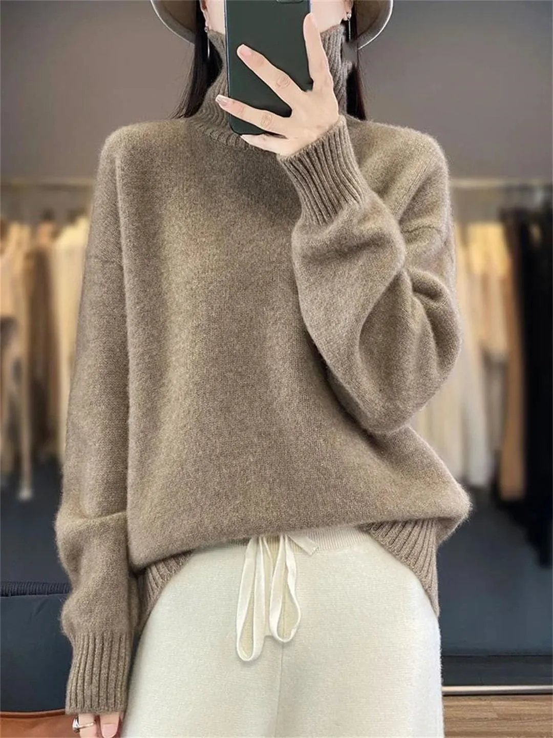 Women Merino Wool Pullover Sweater Turtleneck Long Sleeve Jumpers Knitted Loose Jumper
