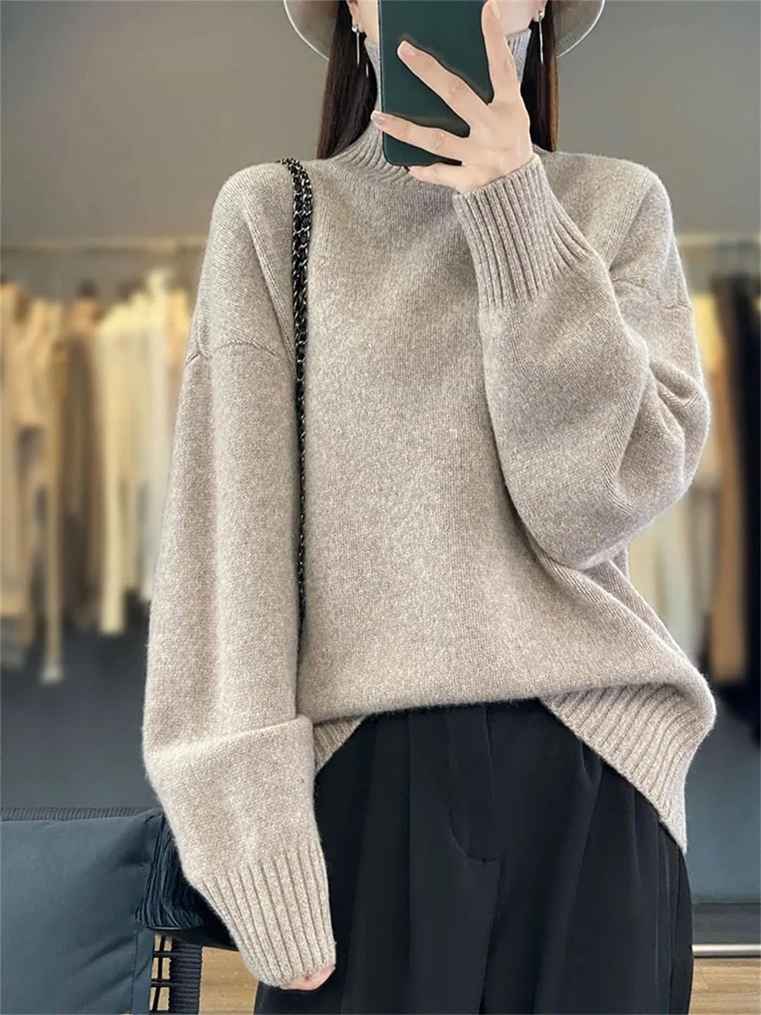 Women Merino Wool Pullover Sweater Turtleneck Long Sleeve Jumpers Knitted Loose Jumper