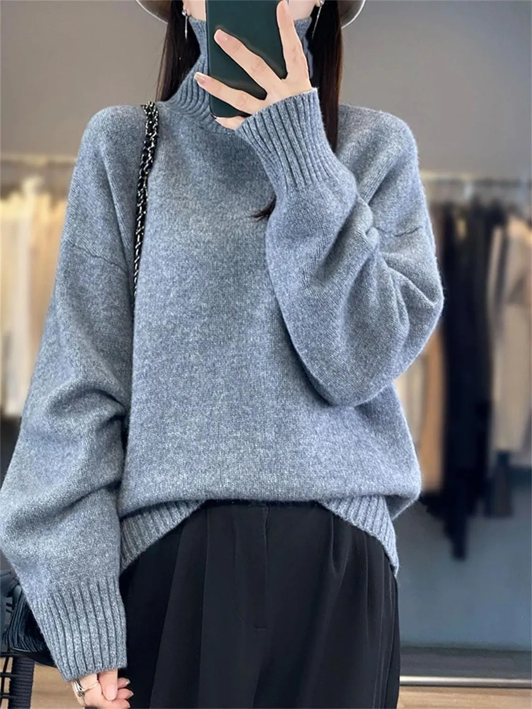 Women Merino Wool Pullover Sweater Turtleneck Long Sleeve Jumpers Knitted Loose Jumper