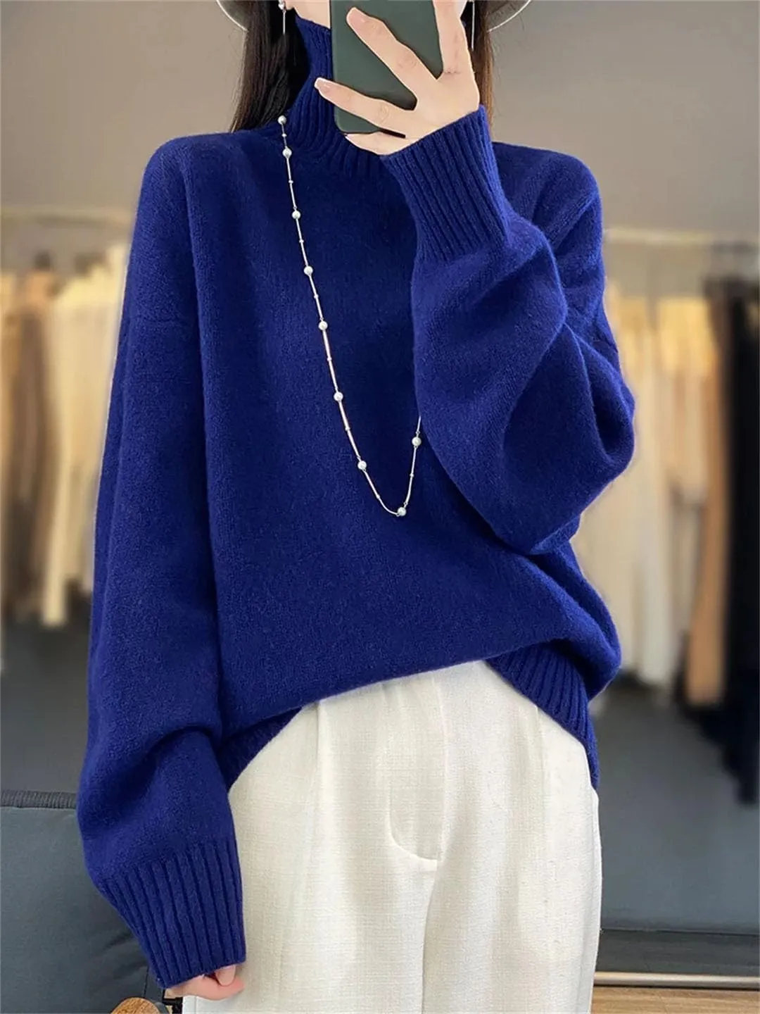 Women Merino Wool Pullover Sweater Turtleneck Long Sleeve Jumpers Knitted Loose Jumper
