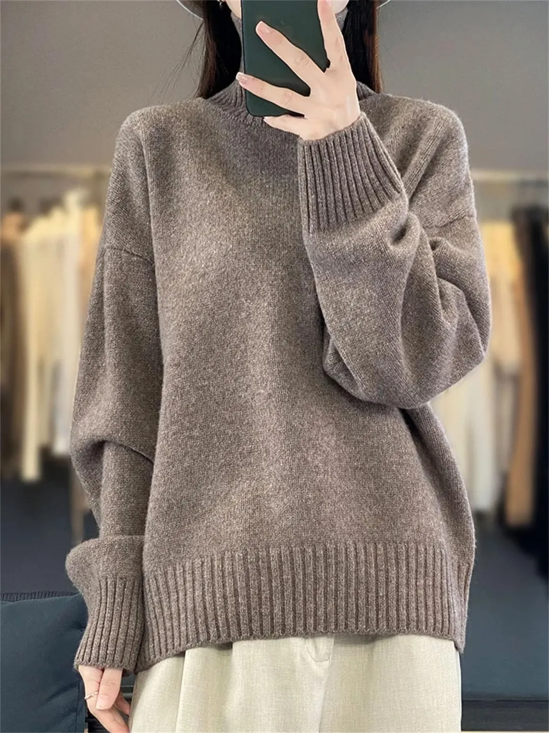 Women Merino Wool Pullover Sweater Turtleneck Long Sleeve Jumpers Knitted Loose Jumper