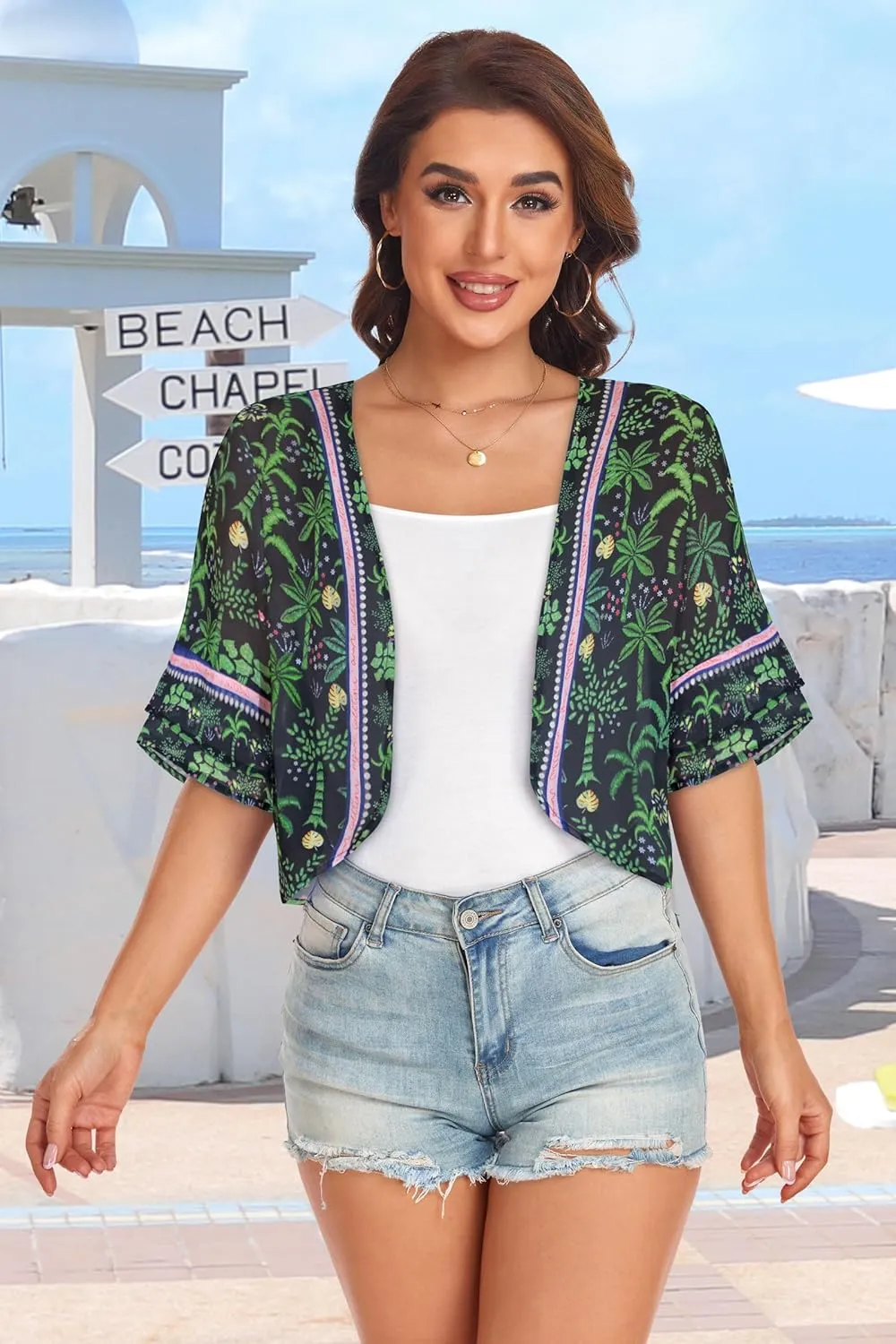 Women's Cardigan Bolero Shrug Ruffle Short Sleeve Open Front Loose Sheer Jackets for Tops