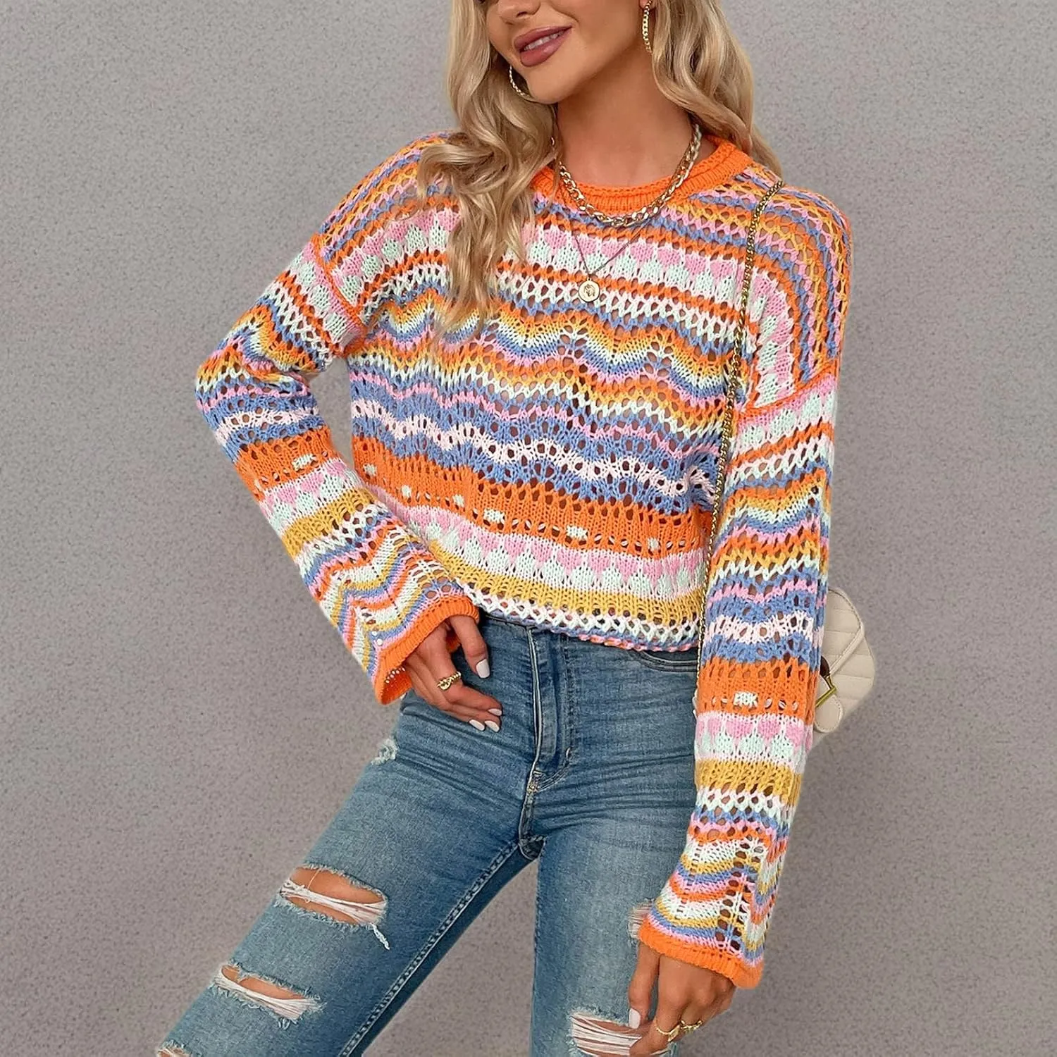 Women's Colorful Hollow Out Knit Sweater Casual Loose Long Flared Sleeve Rainbow Striped Crochet Pullover Knitwear