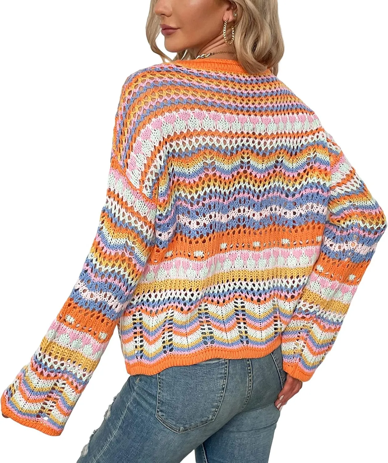 Women's Colorful Hollow Out Knit Sweater Casual Loose Long Flared Sleeve Rainbow Striped Crochet Pullover Knitwear